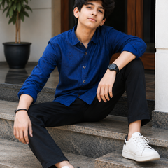 Premium Boys Royal Blue Self-Embroidered Cotton Shirt | Full Sleeve Casual & Party Wear Kids Shirt | Kidaura