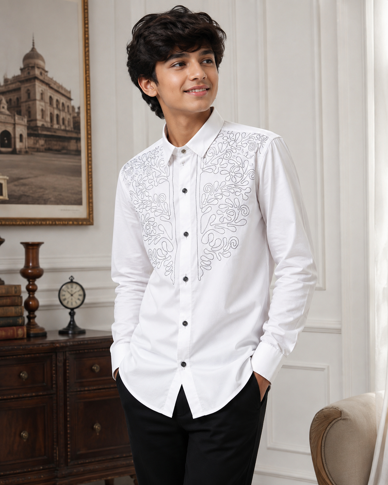 Premium Boys White Designer Embroidered Party Wear Shirt | Full Sleeve Cotton Kids Shirt | Kidaura