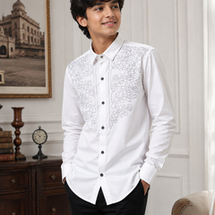 Premium Boys White Designer Embroidered Party Wear Shirt | Full Sleeve Cotton Kids Shirt | Kidaura