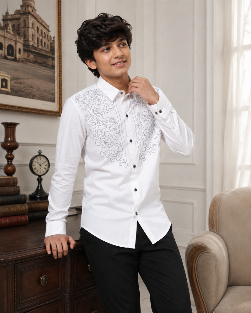 Premium Boys White Designer Embroidered Party Wear Shirt | Full Sleeve Cotton Kids Shirt | Kidaura
