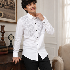 Premium Boys White Designer Embroidered Party Wear Shirt | Full Sleeve Cotton Kids Shirt | Kidaura