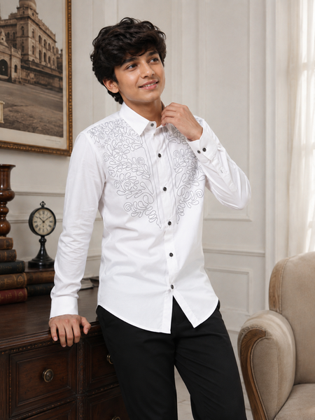 Premium Boys White Designer Embroidered Party Wear Shirt | Full Sleeve Cotton Kids Shirt | Kidaura