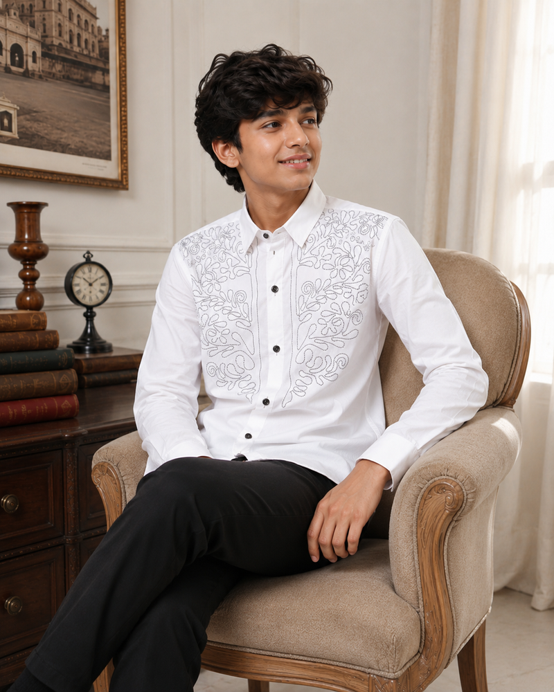 Premium Boys White Designer Embroidered Party Wear Shirt | Full Sleeve Cotton Kids Shirt | Kidaura