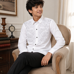 Premium Boys White Designer Embroidered Party Wear Shirt | Full Sleeve Cotton Kids Shirt | Kidaura
