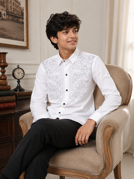 Premium Boys White Designer Embroidered Party Wear Shirt | Full Sleeve Cotton Kids Shirt | Kidaura
