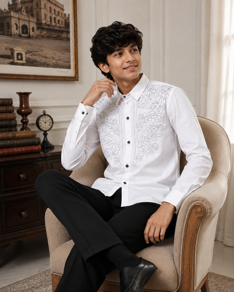 Premium Boys White Designer Embroidered Party Wear Shirt | Full Sleeve Cotton Kids Shirt | Kidaura