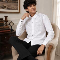Premium Boys White Designer Embroidered Party Wear Shirt | Full Sleeve Cotton Kids Shirt | Kidaura