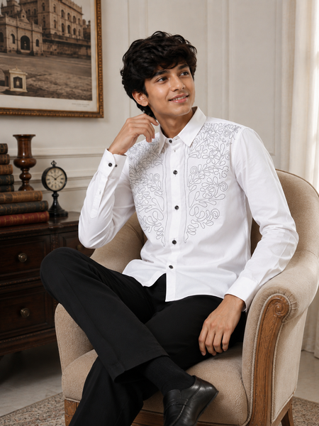 Premium Boys White Designer Embroidered Party Wear Shirt | Full Sleeve Cotton Kids Shirt | Kidaura