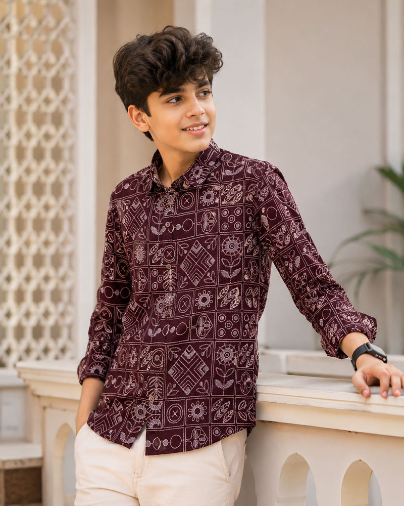 Premium Boys Maroon Geometric Printed Cotton Shirt | Full Sleeve Casual & Party Wear Kids Shirt | Kidaura