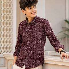 Premium Boys Maroon Geometric Printed Cotton Shirt | Full Sleeve Casual & Party Wear Kids Shirt | Kidaura