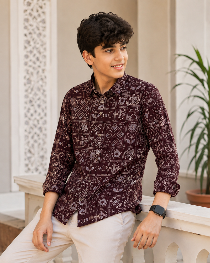 Premium Boys Maroon Geometric Printed Cotton Shirt | Full Sleeve Casual & Party Wear Kids Shirt | Kidaura