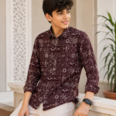 Premium Boys Maroon Geometric Printed Cotton Shirt | Full Sleeve Casual & Party Wear Kids Shirt | Kidaura