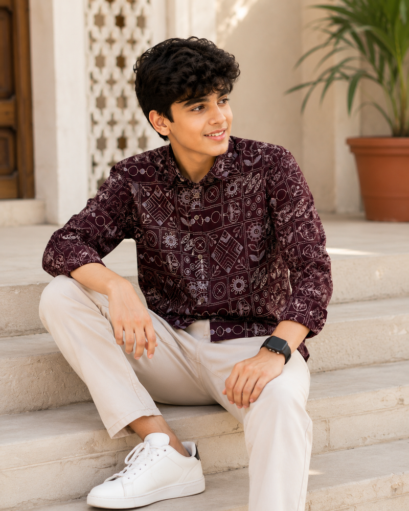 Premium Boys Maroon Geometric Printed Cotton Shirt | Full Sleeve Casual & Party Wear Kids Shirt | Kidaura