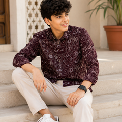 Premium Boys Maroon Geometric Printed Cotton Shirt | Full Sleeve Casual & Party Wear Kids Shirt | Kidaura