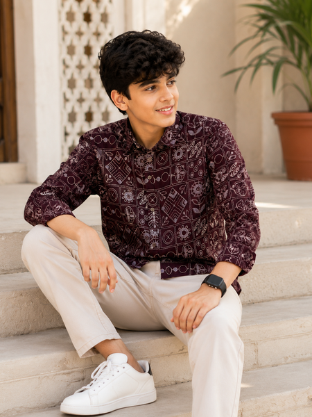 Premium Boys Maroon Geometric Printed Cotton Shirt | Full Sleeve Casual & Party Wear Kids Shirt | Kidaura