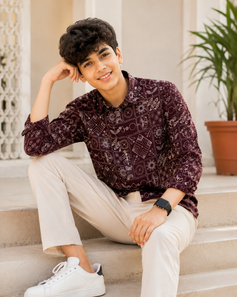 Premium Boys Maroon Geometric Printed Cotton Shirt | Full Sleeve Casual & Party Wear Kids Shirt | Kidaura
