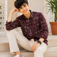 Premium Boys Maroon Geometric Printed Cotton Shirt | Full Sleeve Casual & Party Wear Kids Shirt | Kidaura
