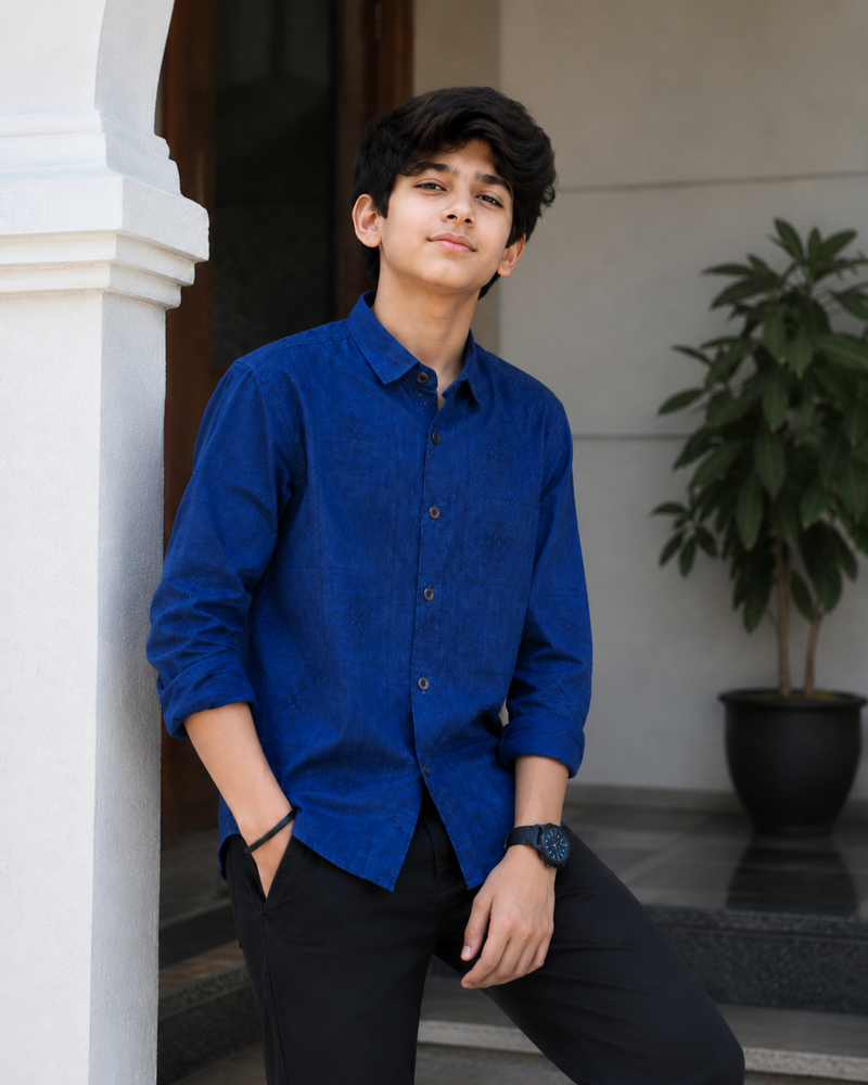 Premium Boys Royal Blue Self-Embroidered Cotton Shirt | Full Sleeve Casual & Party Wear Kids Shirt | Kidaura