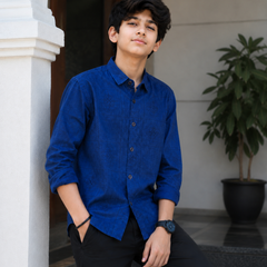 Premium Boys Royal Blue Self-Embroidered Cotton Shirt | Full Sleeve Casual & Party Wear Kids Shirt | Kidaura