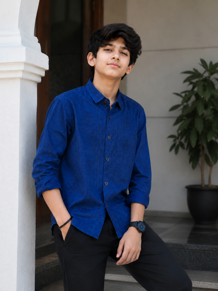 Premium Boys Royal Blue Self-Embroidered Cotton Shirt | Full Sleeve Casual & Party Wear Kids Shirt | Kidaura
